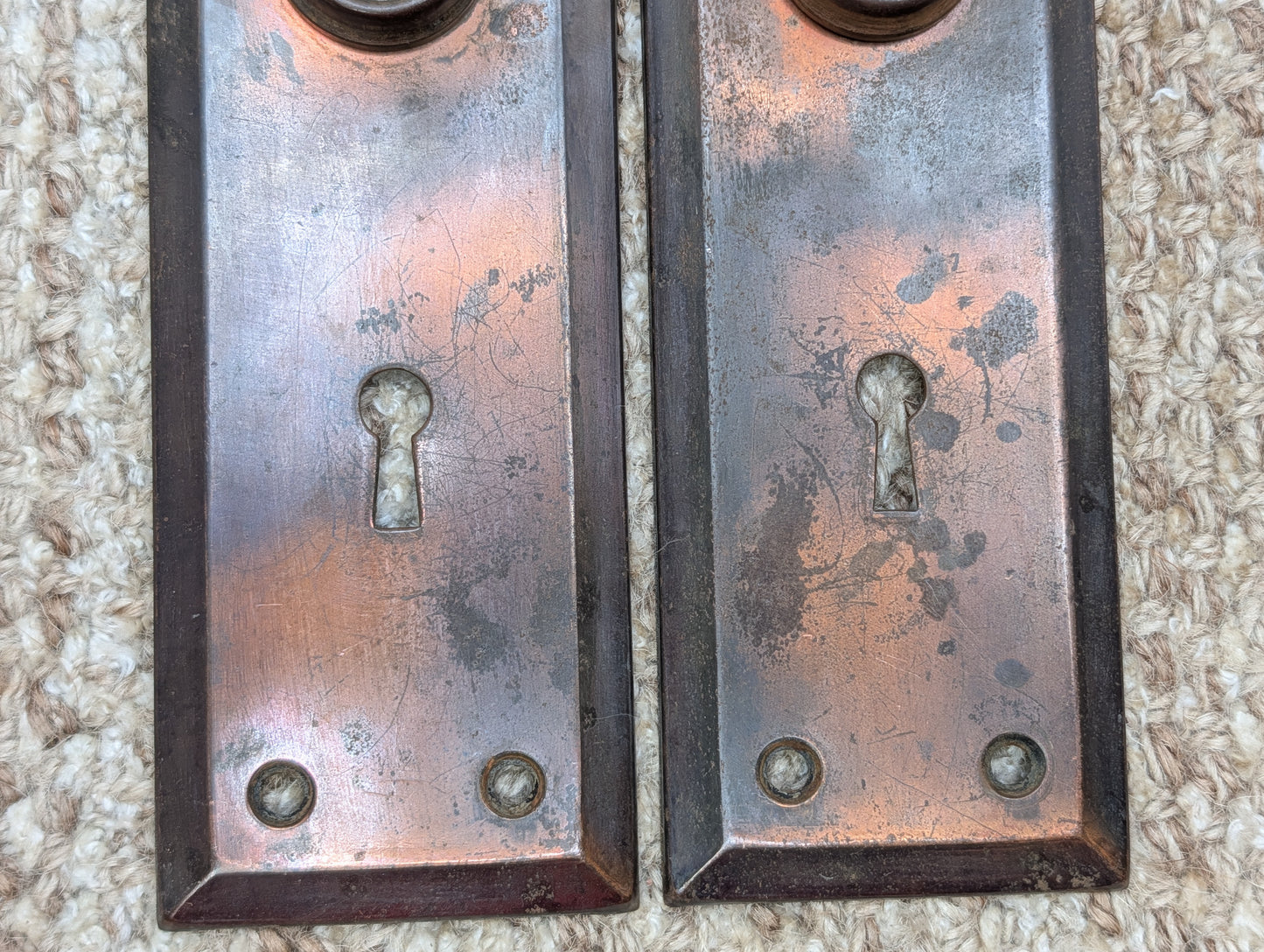 Pair 2 1/4" x 7" Antique Japanned Stamped Steel Door Knob Plates