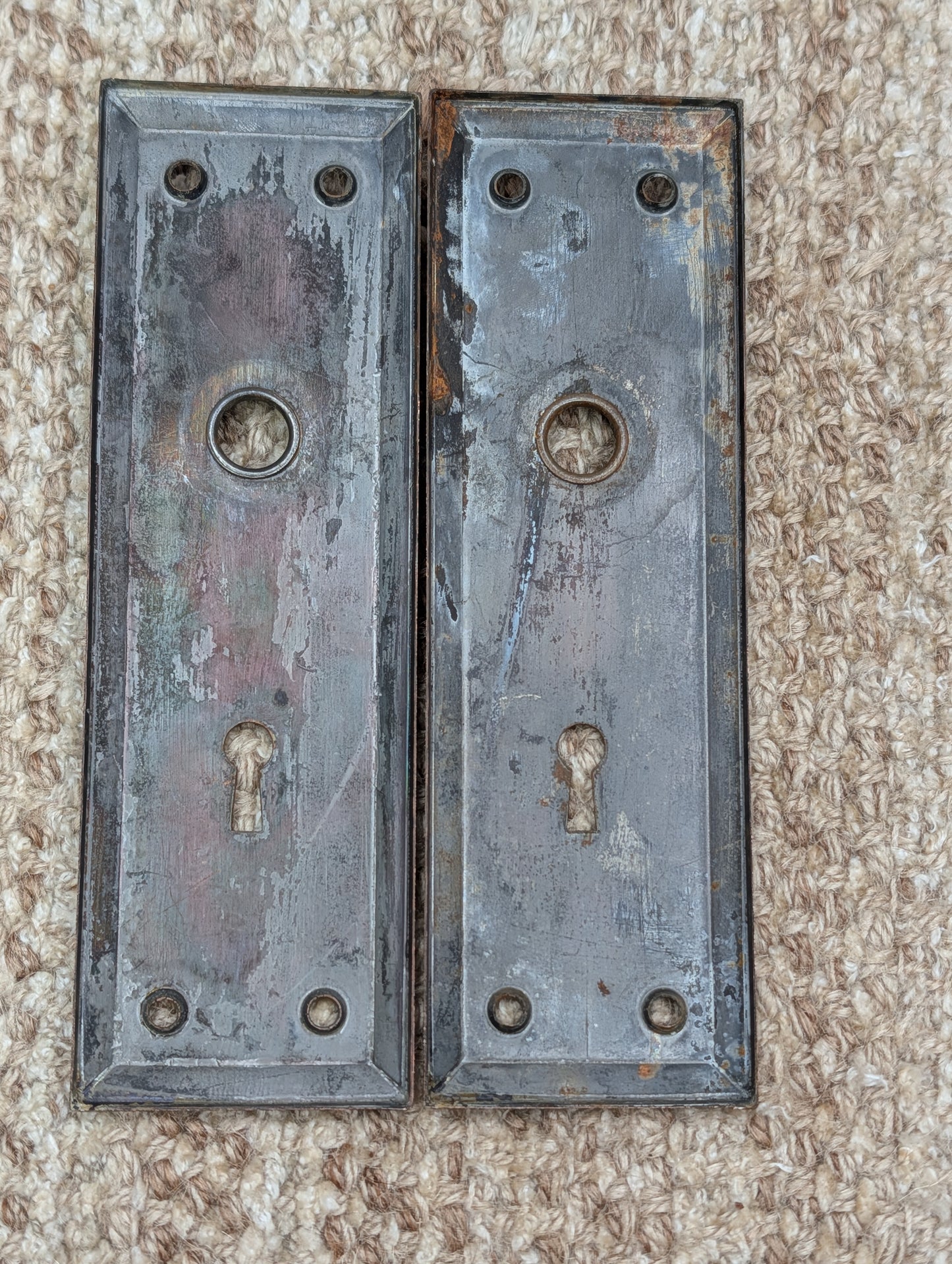 Pair 2 1/4" x 7" Antique Japanned Stamped Steel Door Knob Plates