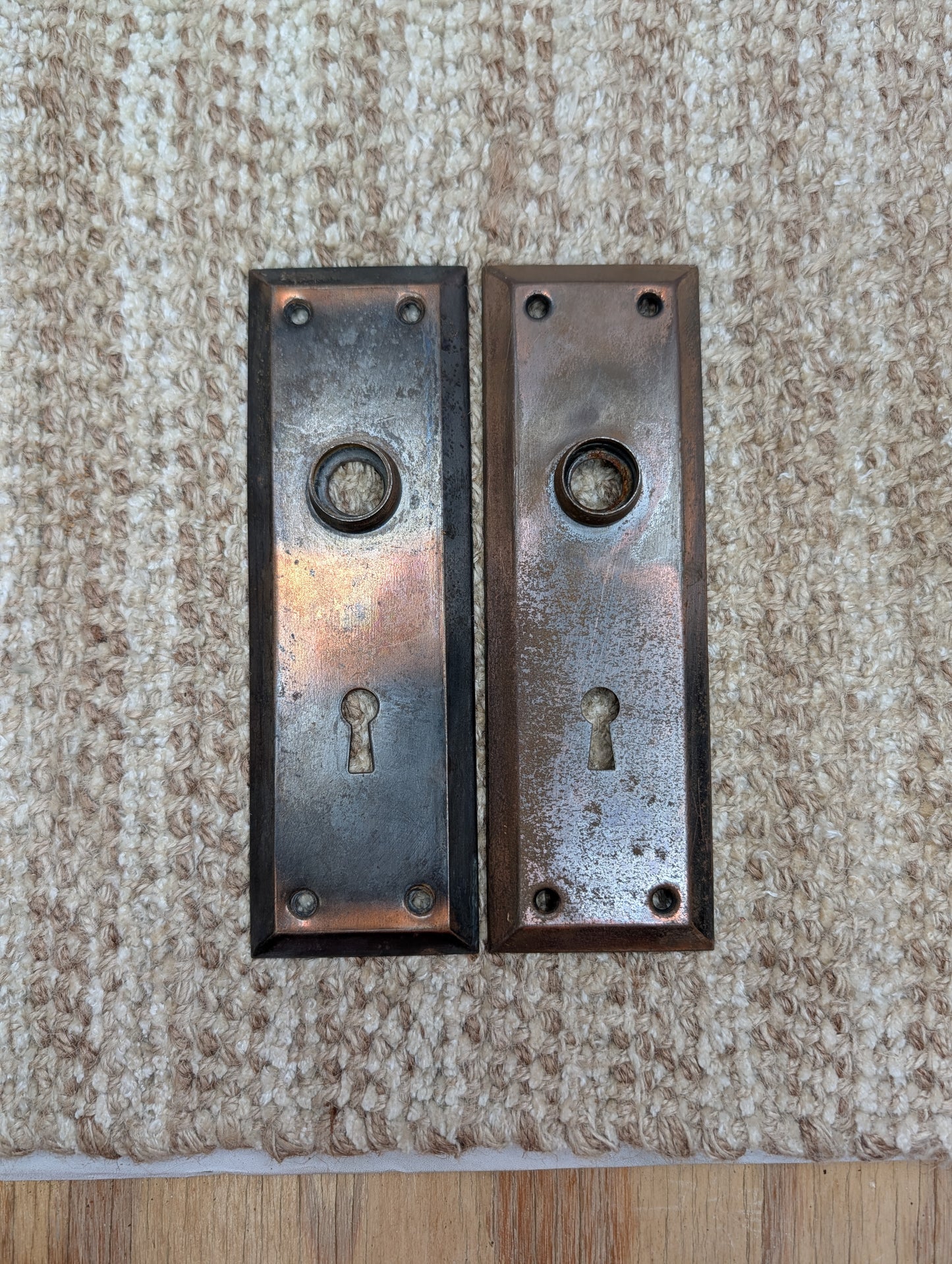 Pair 2 1/4" x 7" Antique Japanned Stamped Steel Door Knob Plates