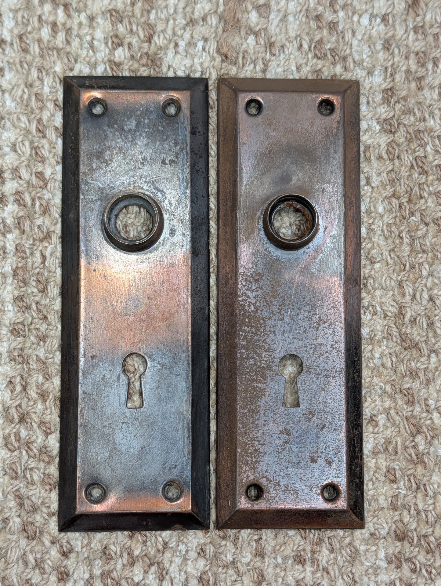 Pair 2 1/4" x 7" Antique Japanned Stamped Steel Door Knob Plates