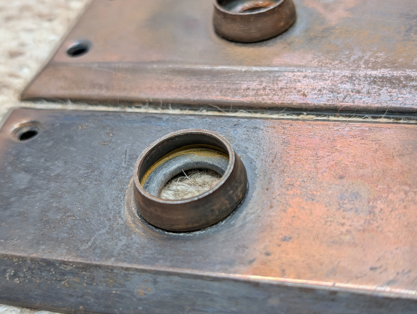 Pair 2 1/4" x 7" Antique Japanned Stamped Steel Door Knob Plates