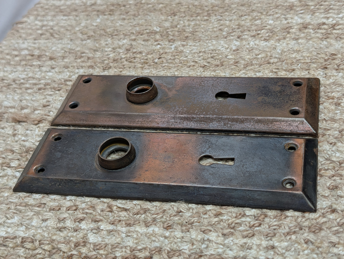 Pair 2 1/4" x 7" Antique Japanned Stamped Steel Door Knob Plates
