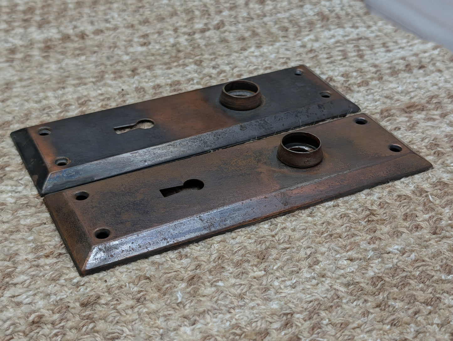 Pair 2 1/4" x 7" Antique Japanned Stamped Steel Door Knob Plates