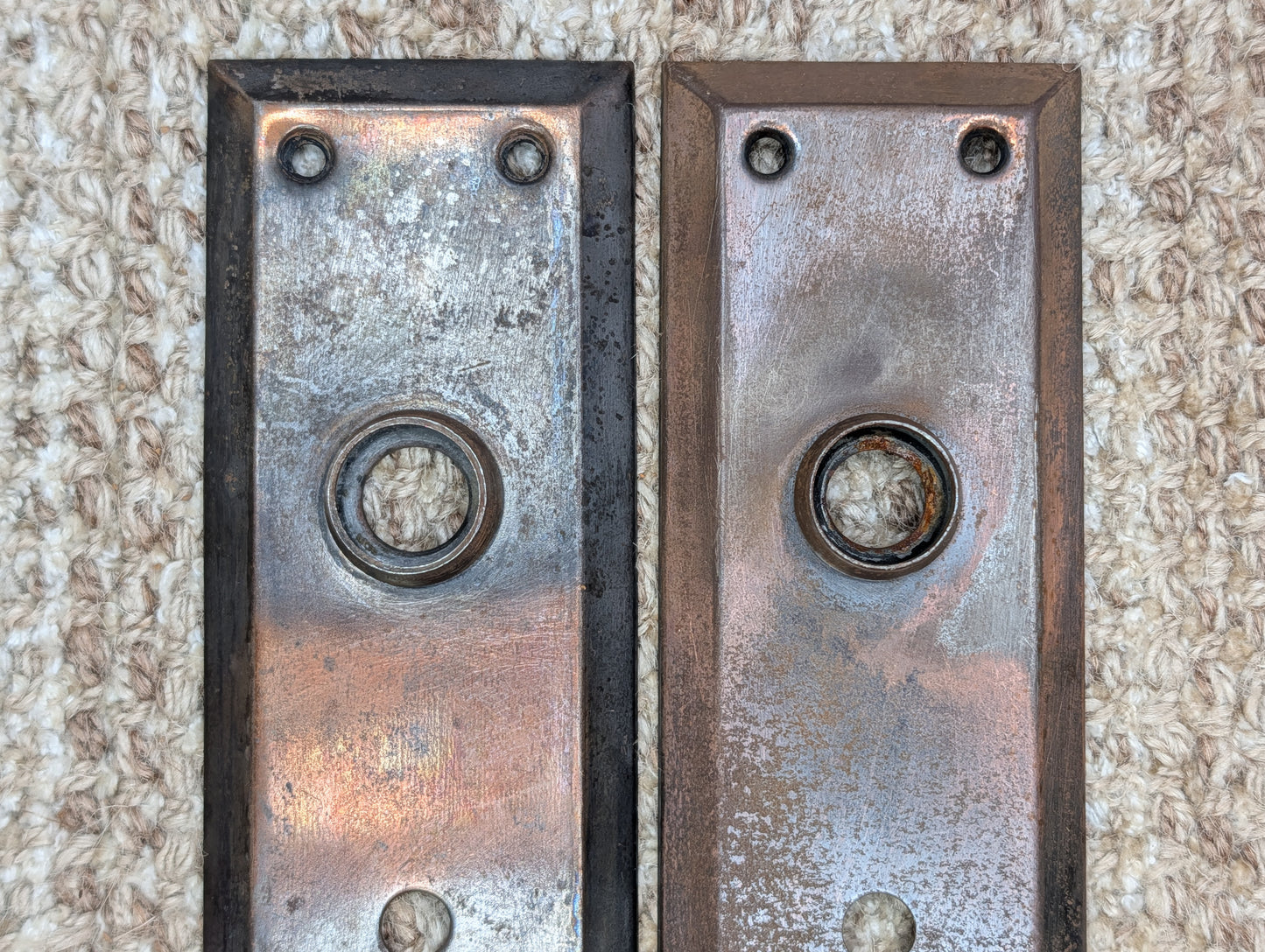 Pair 2 1/4" x 7" Antique Japanned Stamped Steel Door Knob Plates