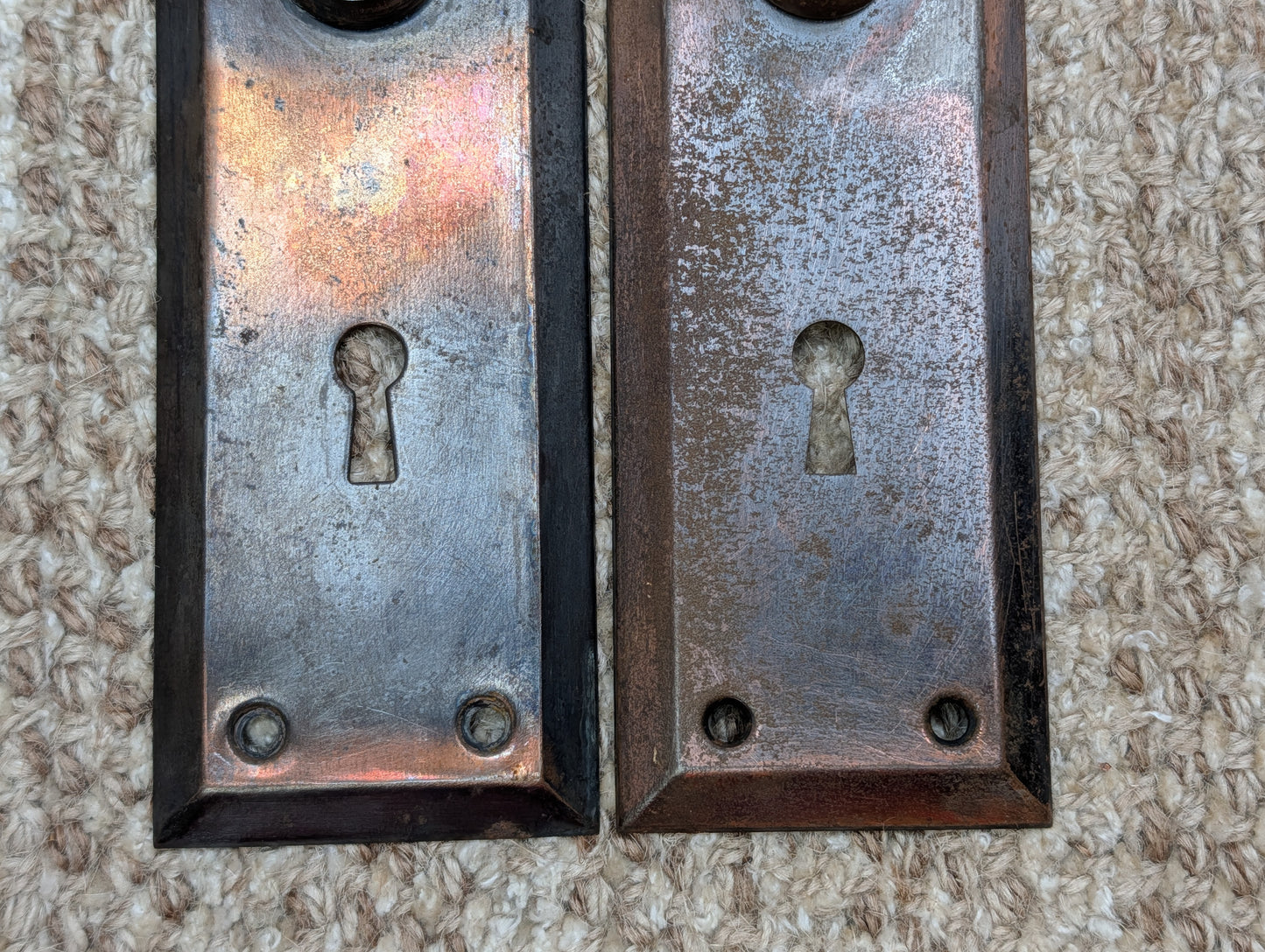 Pair 2 1/4" x 7" Antique Japanned Stamped Steel Door Knob Plates