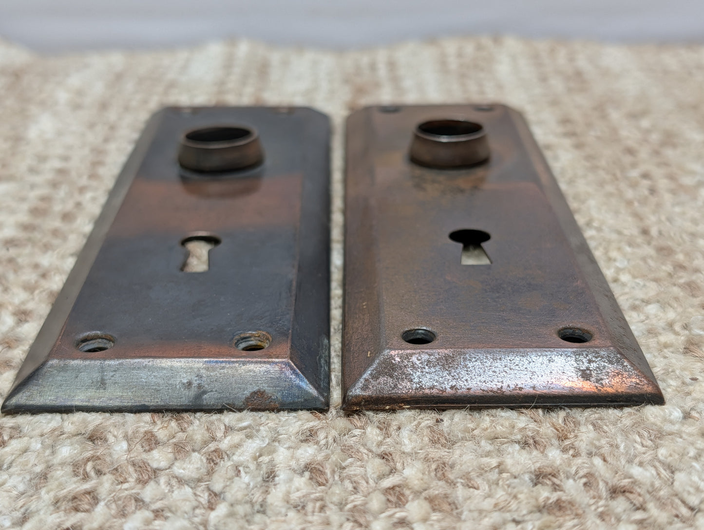 Pair 2 1/4" x 7" Antique Japanned Stamped Steel Door Knob Plates