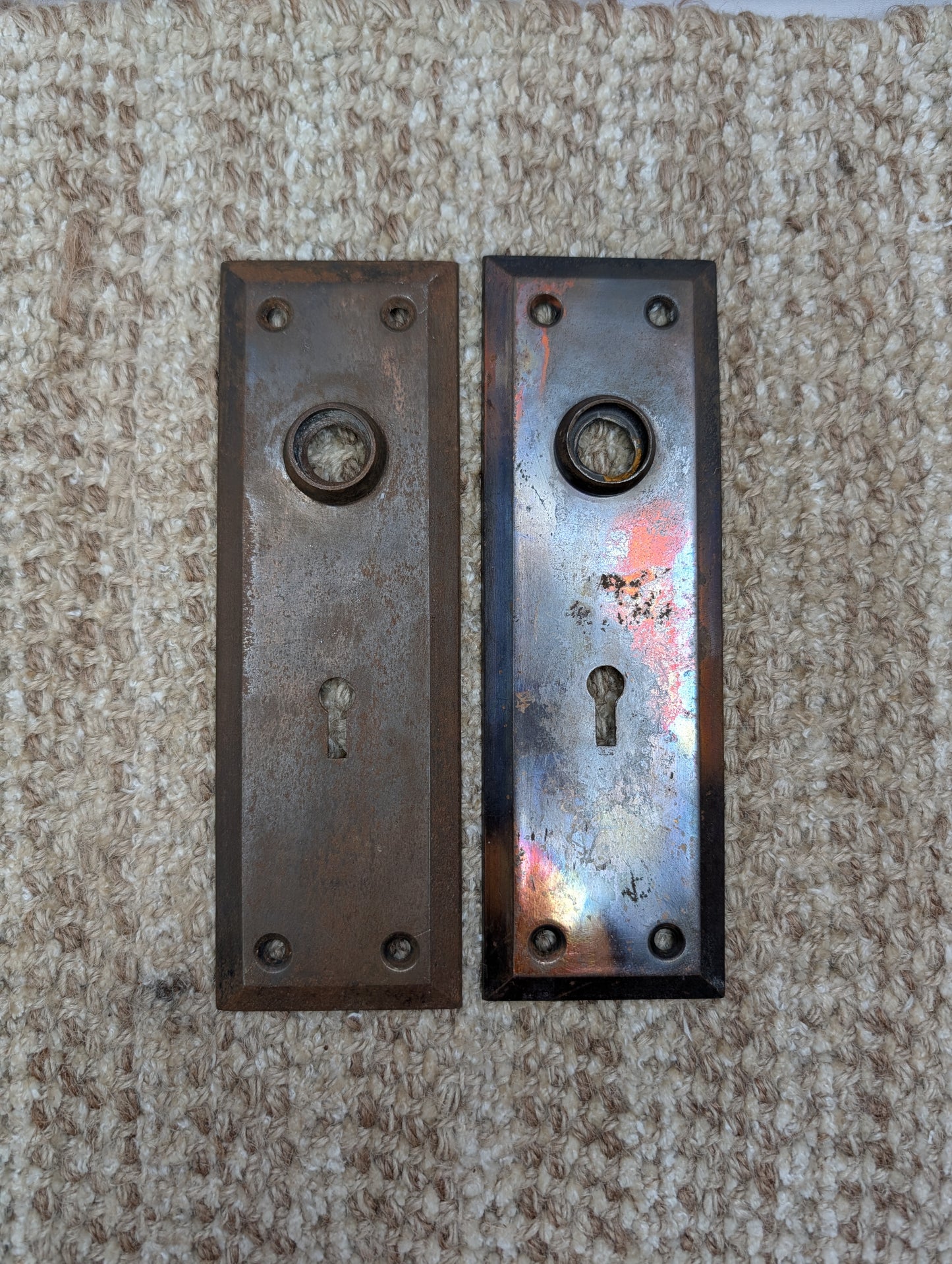 Pair 2 1/4" x 7" Antique Japanned Stamped Steel Door Knob Plates