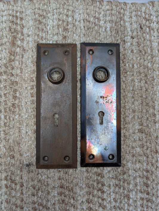 Pair 2 1/4" x 7" Antique Japanned Stamped Steel Door Knob Plates