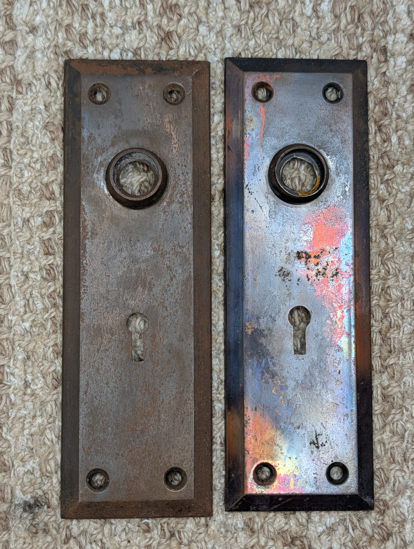 Pair 2 1/4" x 7" Antique Japanned Stamped Steel Door Knob Plates