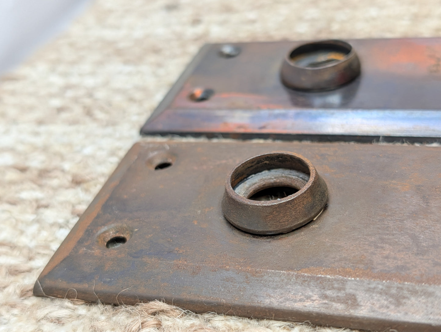 Pair 2 1/4" x 7" Antique Japanned Stamped Steel Door Knob Plates