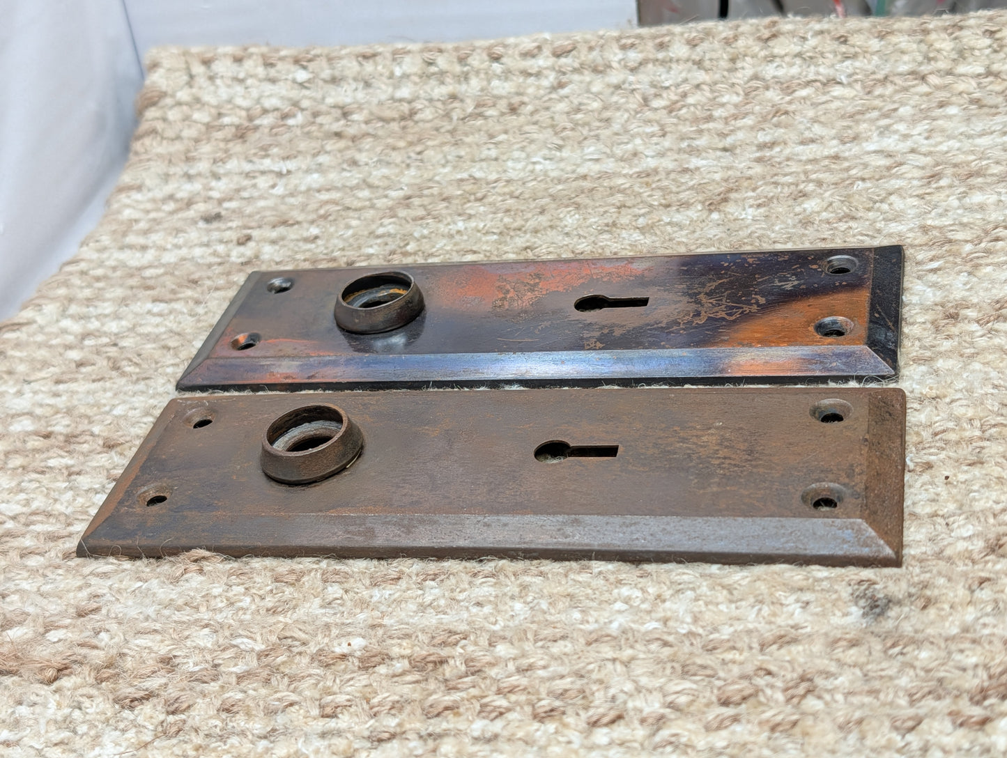Pair 2 1/4" x 7" Antique Japanned Stamped Steel Door Knob Plates