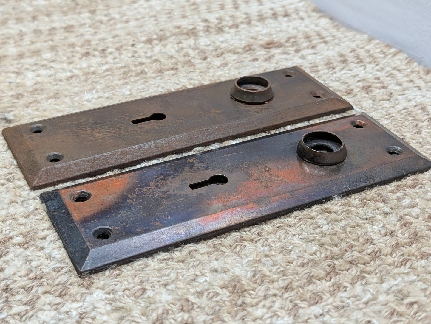 Pair 2 1/4" x 7" Antique Japanned Stamped Steel Door Knob Plates