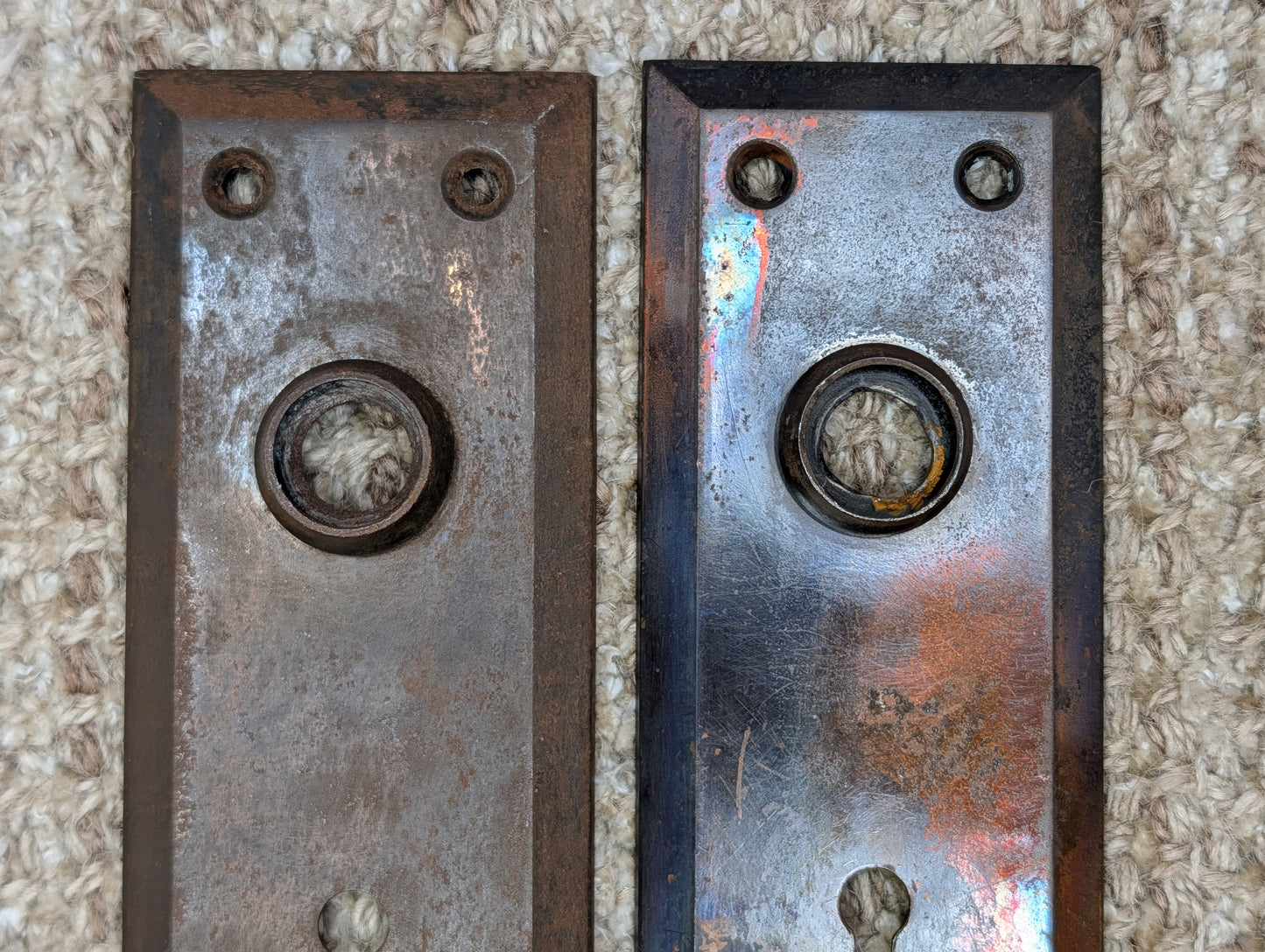 Pair 2 1/4" x 7" Antique Japanned Stamped Steel Door Knob Plates