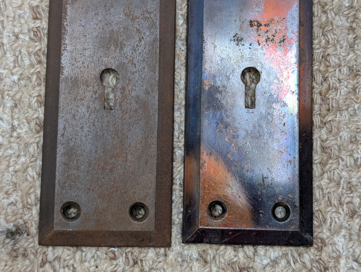 Pair 2 1/4" x 7" Antique Japanned Stamped Steel Door Knob Plates