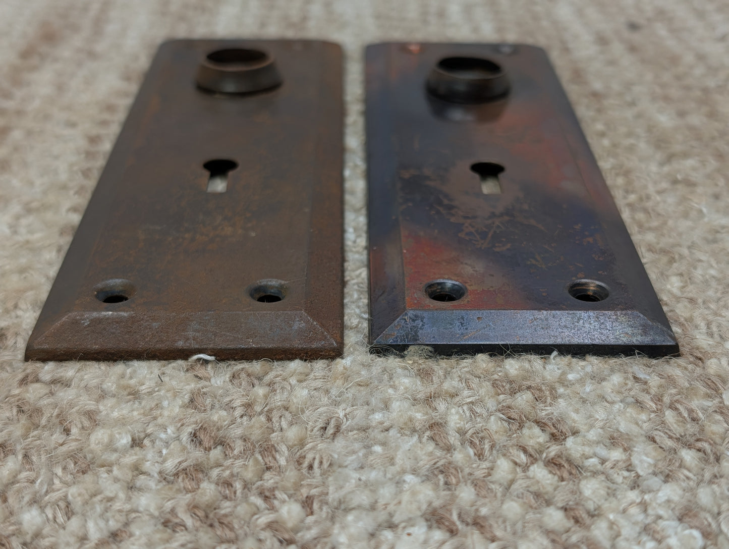 Pair 2 1/4" x 7" Antique Japanned Stamped Steel Door Knob Plates