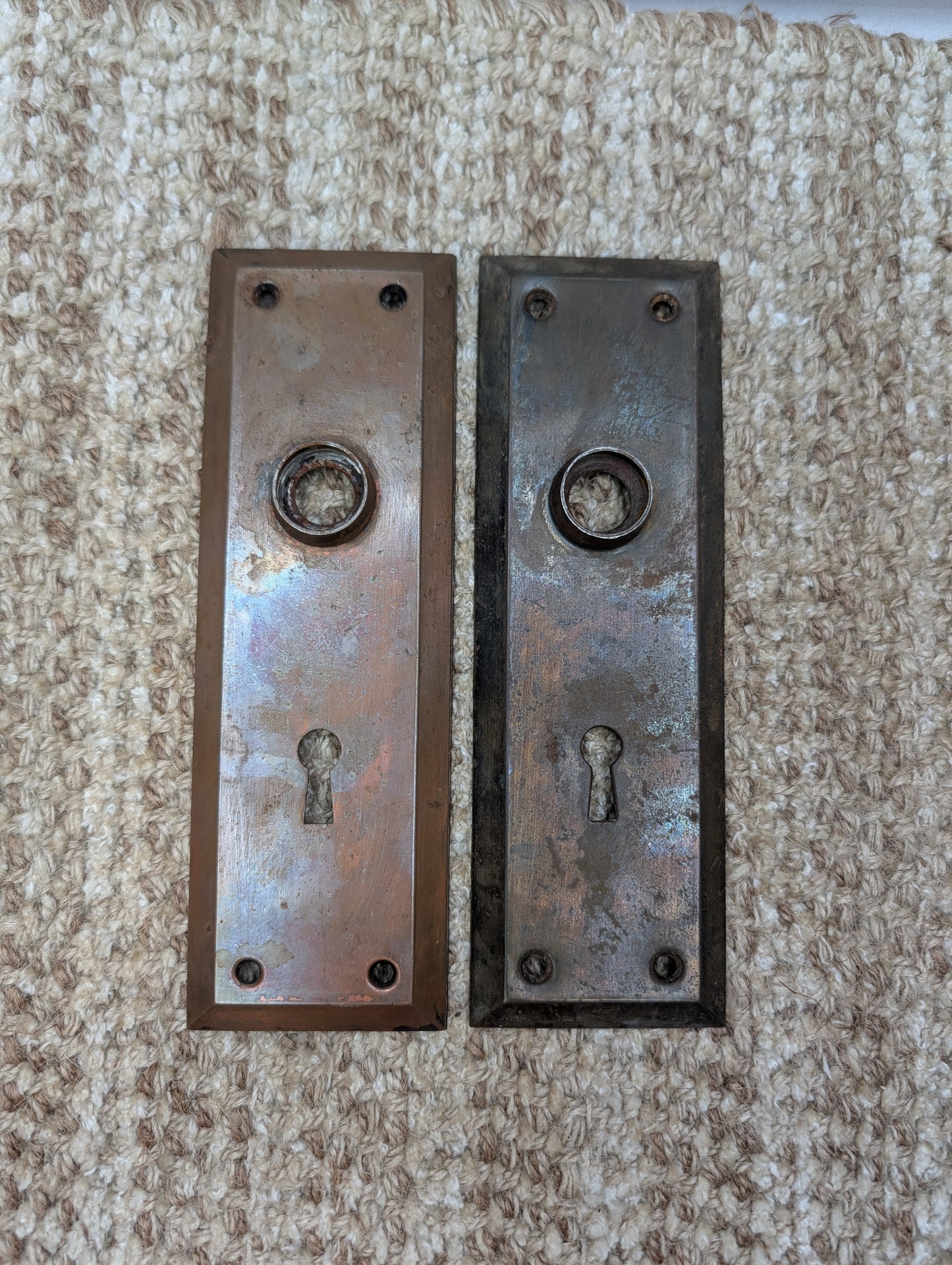 Pair 2 1/4" x 7" Antique Japanned Stamped Steel Door Knob Plates