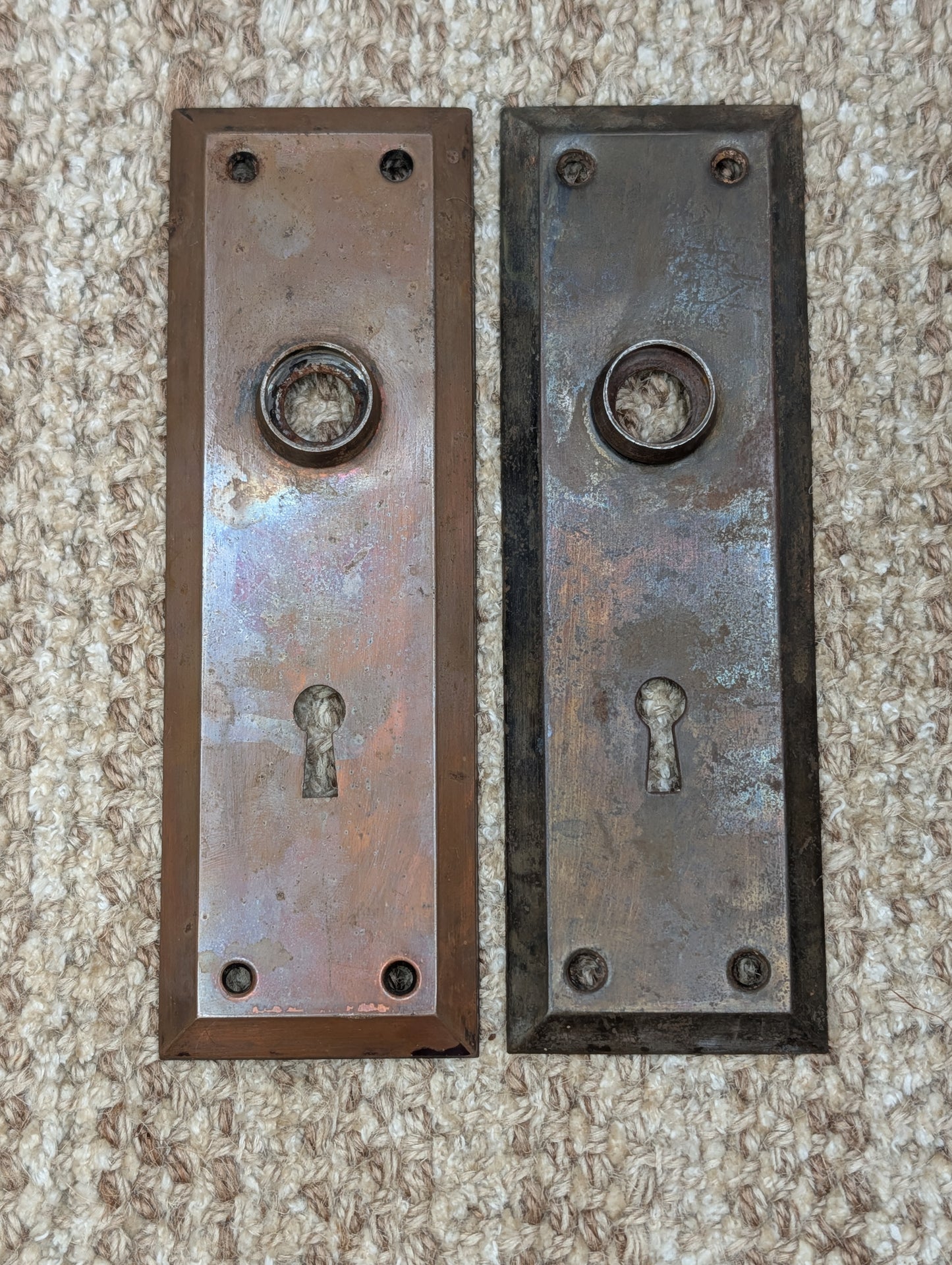 Pair 2 1/4" x 7" Antique Japanned Stamped Steel Door Knob Plates