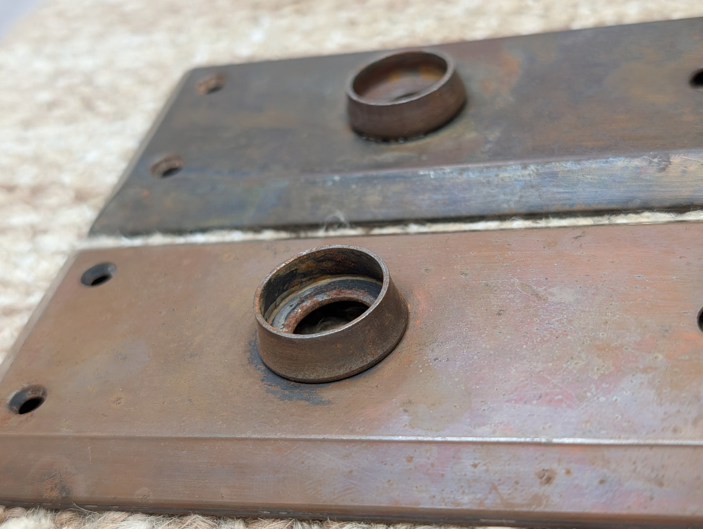Pair 2 1/4" x 7" Antique Japanned Stamped Steel Door Knob Plates