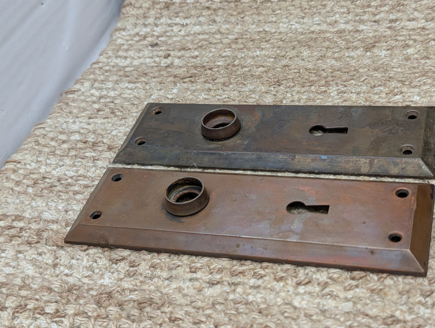 Pair 2 1/4" x 7" Antique Japanned Stamped Steel Door Knob Plates