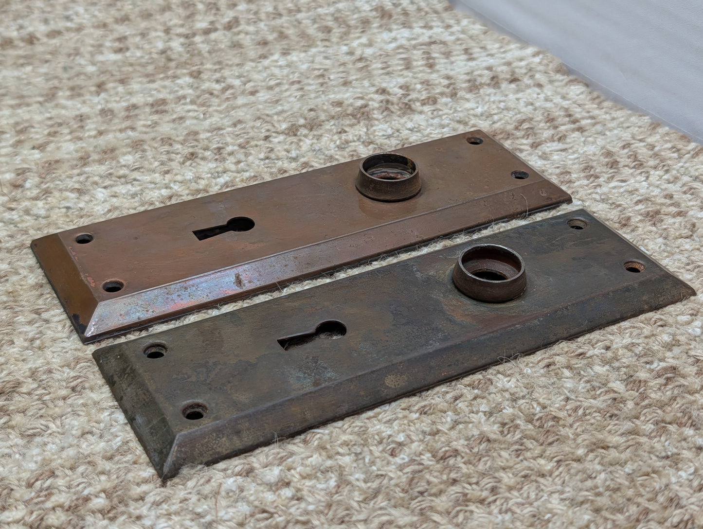 Pair 2 1/4" x 7" Antique Japanned Stamped Steel Door Knob Plates