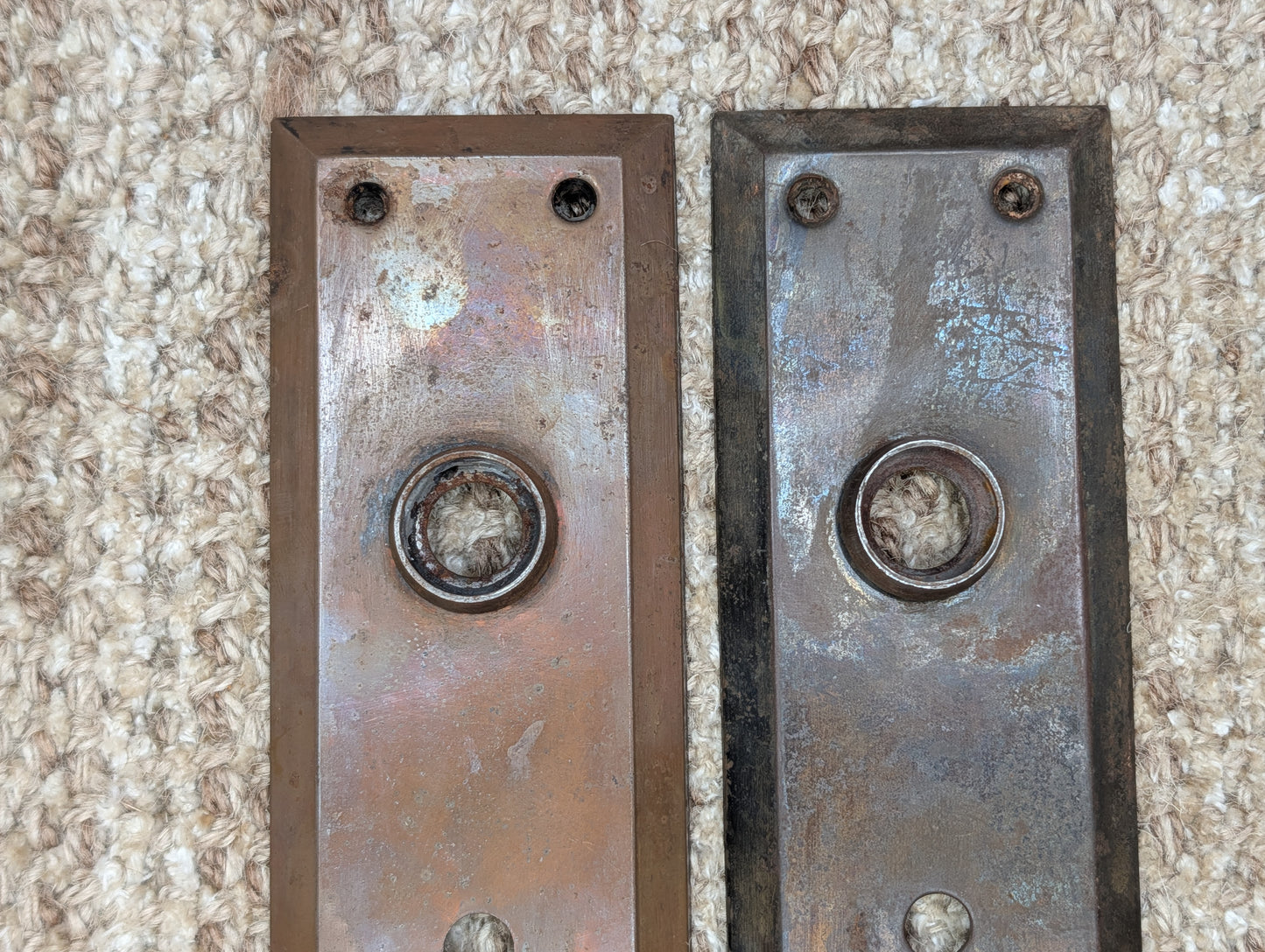 Pair 2 1/4" x 7" Antique Japanned Stamped Steel Door Knob Plates