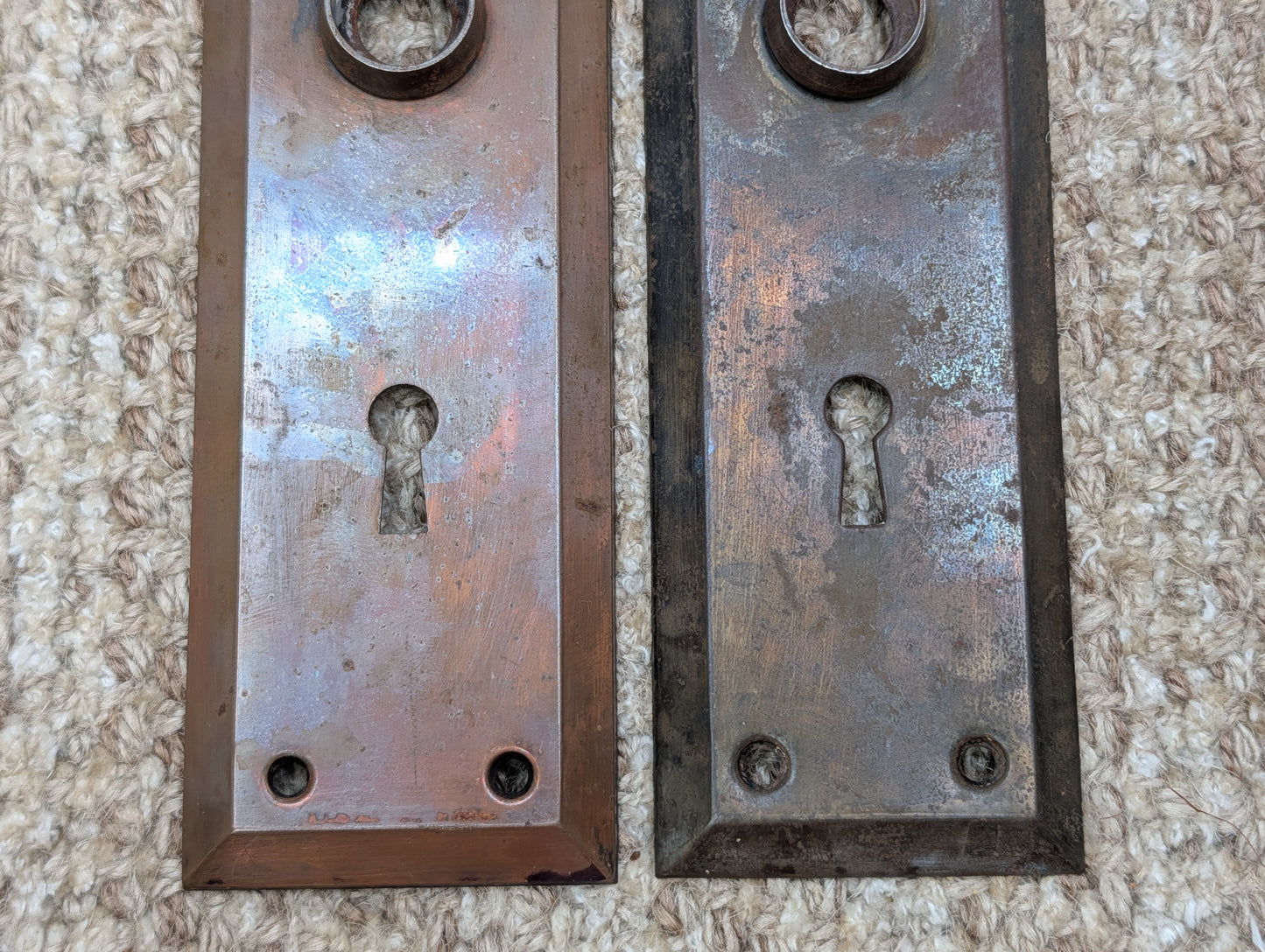 Pair 2 1/4" x 7" Antique Japanned Stamped Steel Door Knob Plates