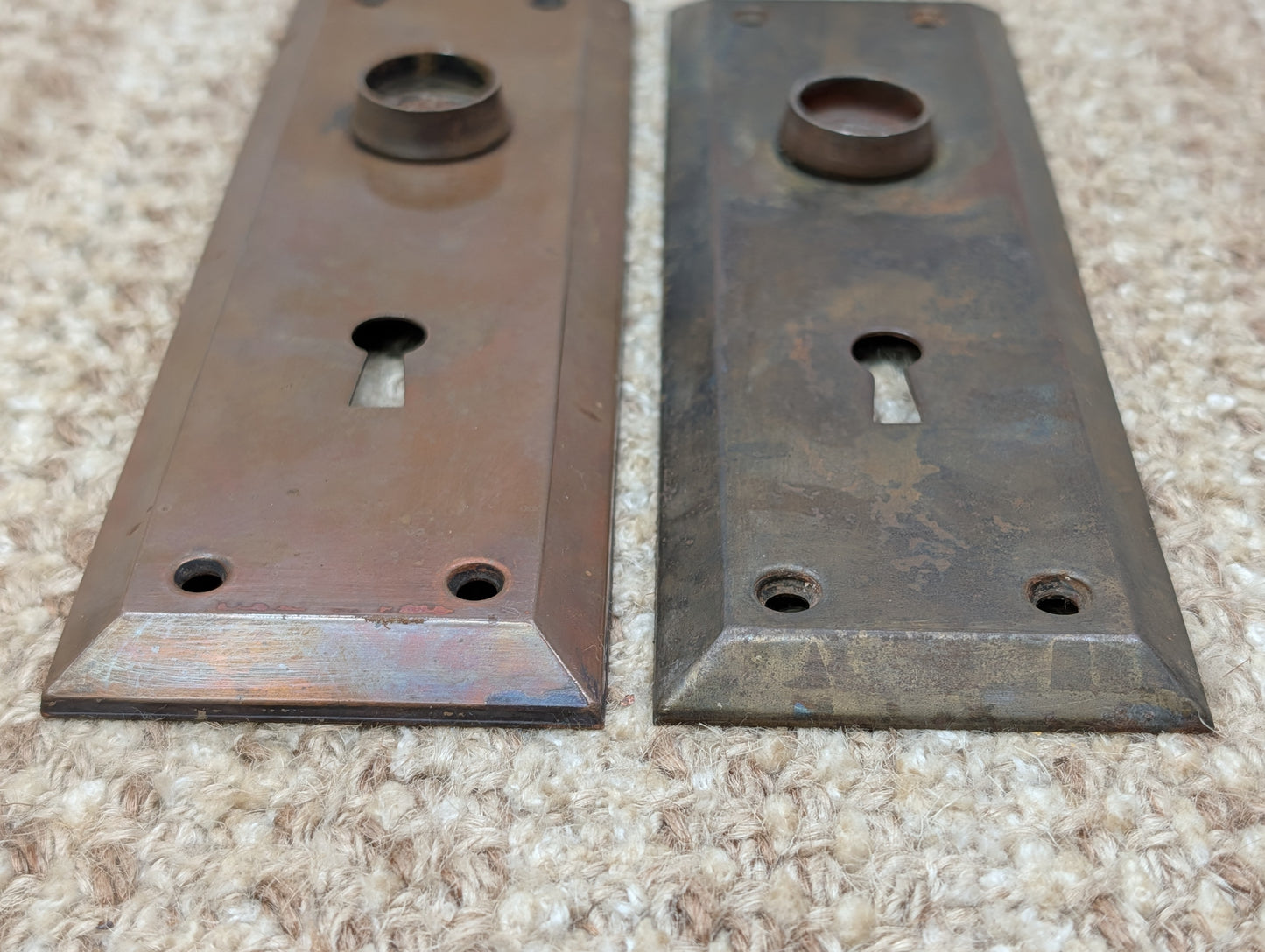 Pair 2 1/4" x 7" Antique Japanned Stamped Steel Door Knob Plates