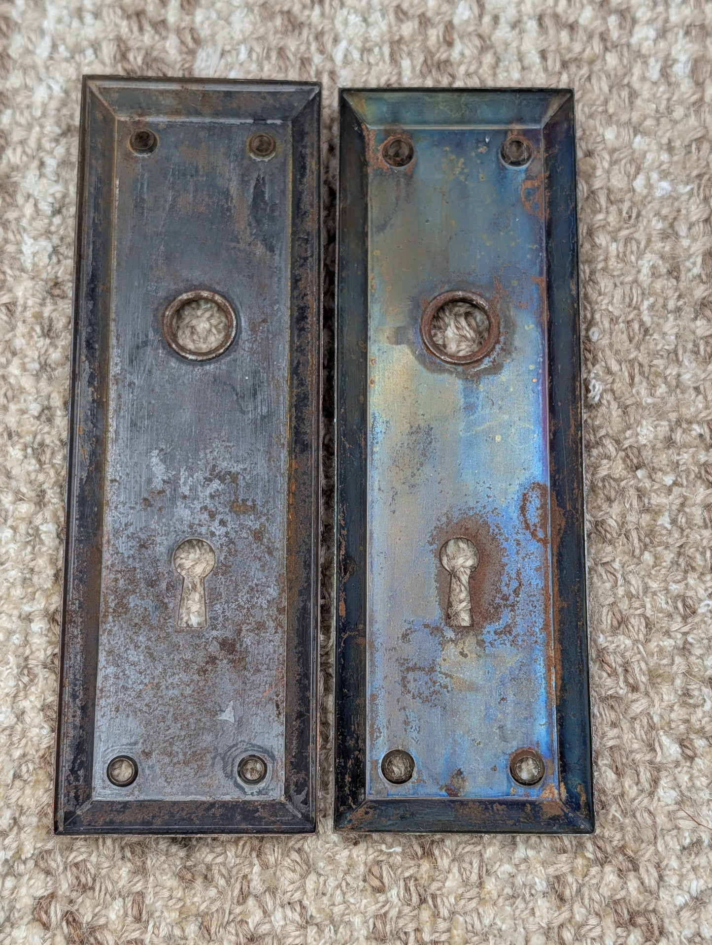 Pair 2 1/4" x 7" Antique Japanned Stamped Steel Door Knob Plates