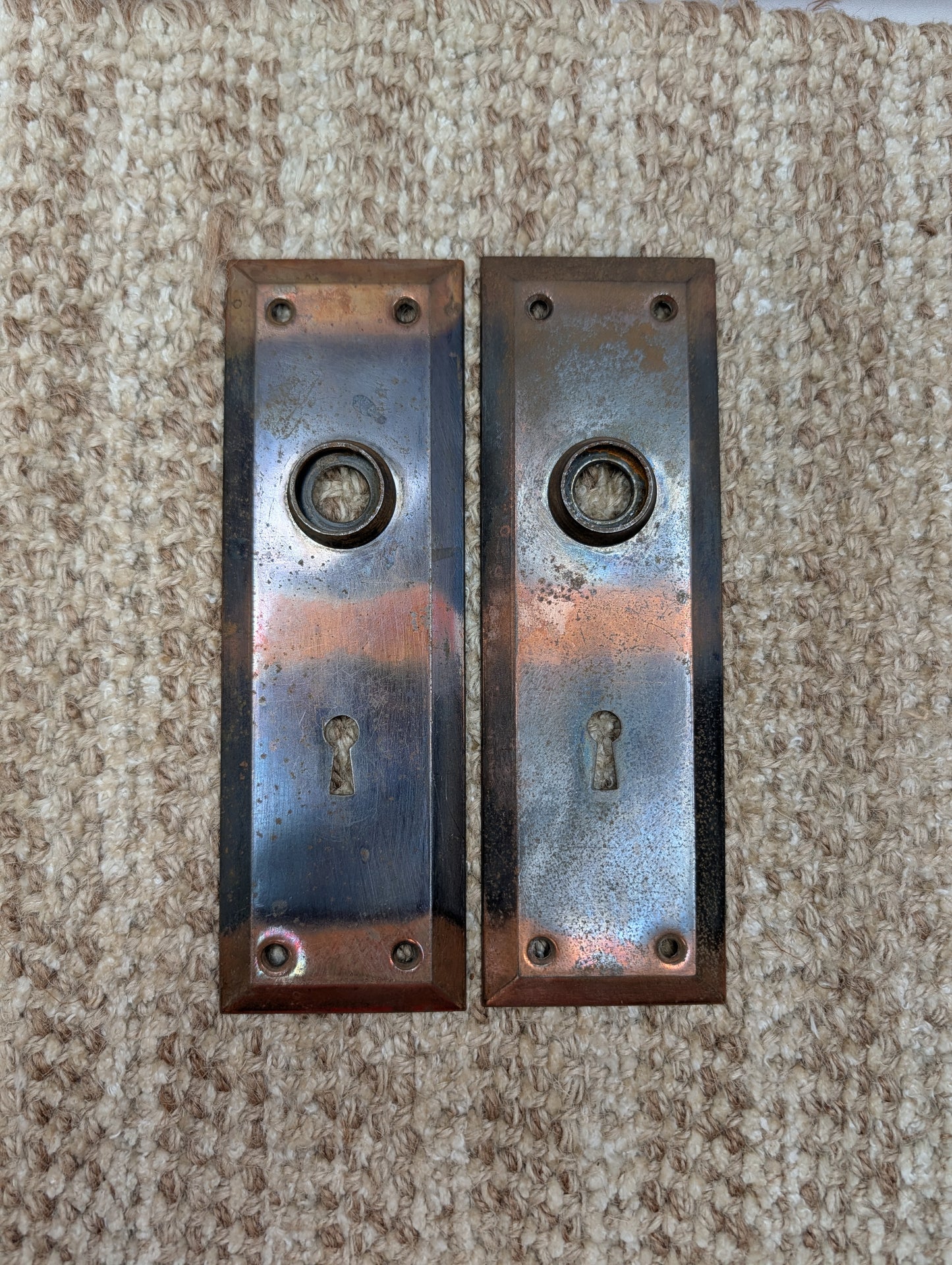 Pair 2 1/4" x 7" Antique Japanned Stamped Steel Door Knob Plates