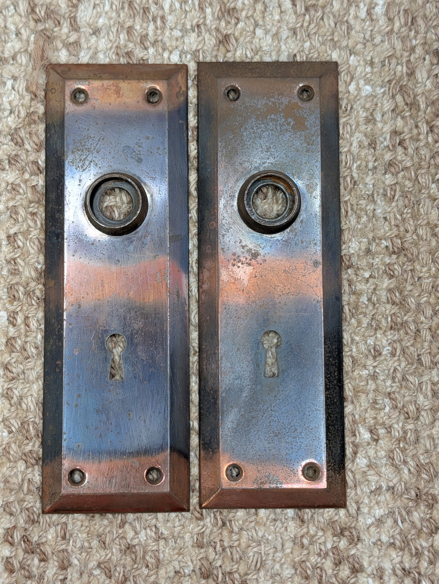Pair 2 1/4" x 7" Antique Japanned Stamped Steel Door Knob Plates