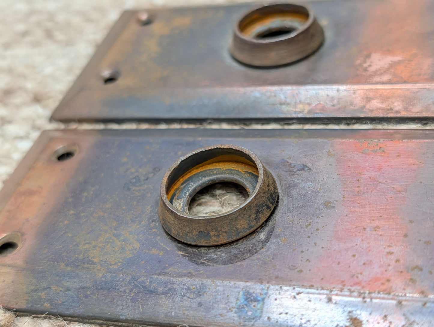 Pair 2 1/4" x 7" Antique Japanned Stamped Steel Door Knob Plates