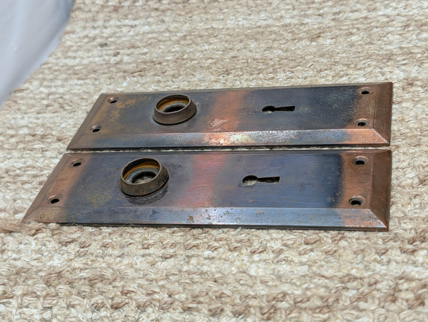 Pair 2 1/4" x 7" Antique Japanned Stamped Steel Door Knob Plates