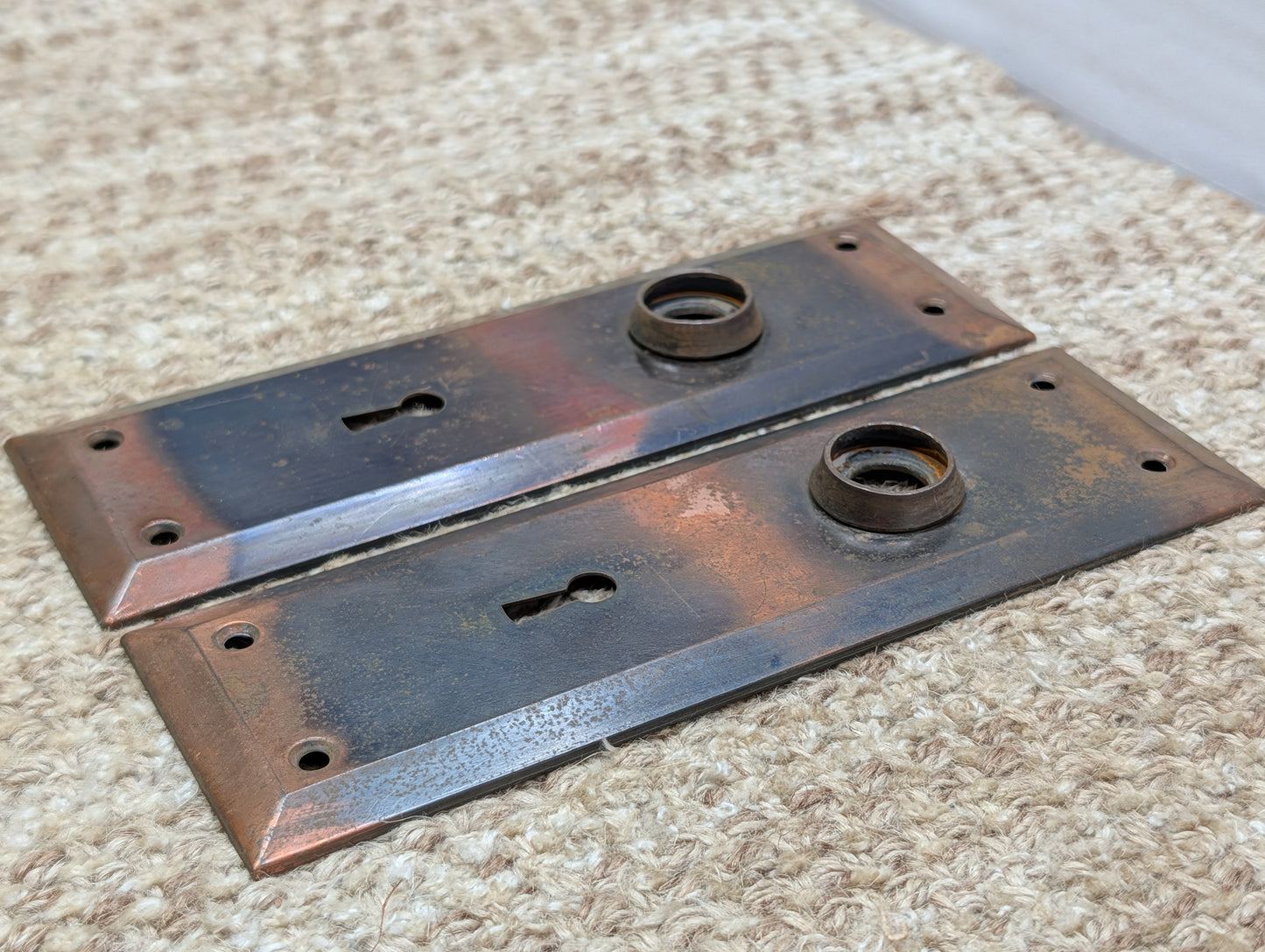 Pair 2 1/4" x 7" Antique Japanned Stamped Steel Door Knob Plates