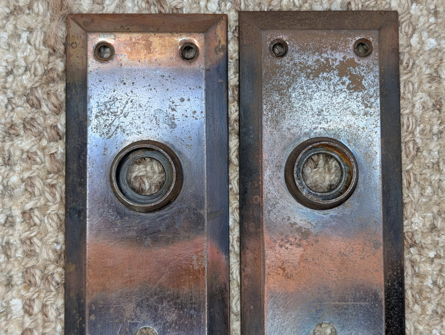 Pair 2 1/4" x 7" Antique Japanned Stamped Steel Door Knob Plates