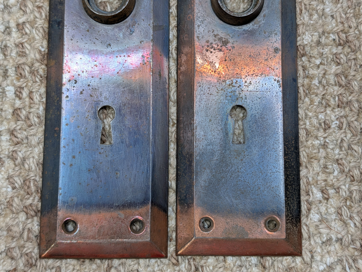 Pair 2 1/4" x 7" Antique Japanned Stamped Steel Door Knob Plates