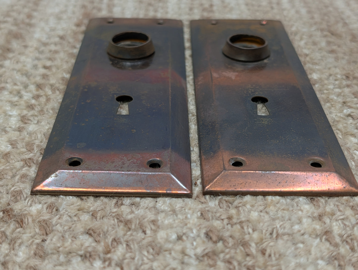 Pair 2 1/4" x 7" Antique Japanned Stamped Steel Door Knob Plates