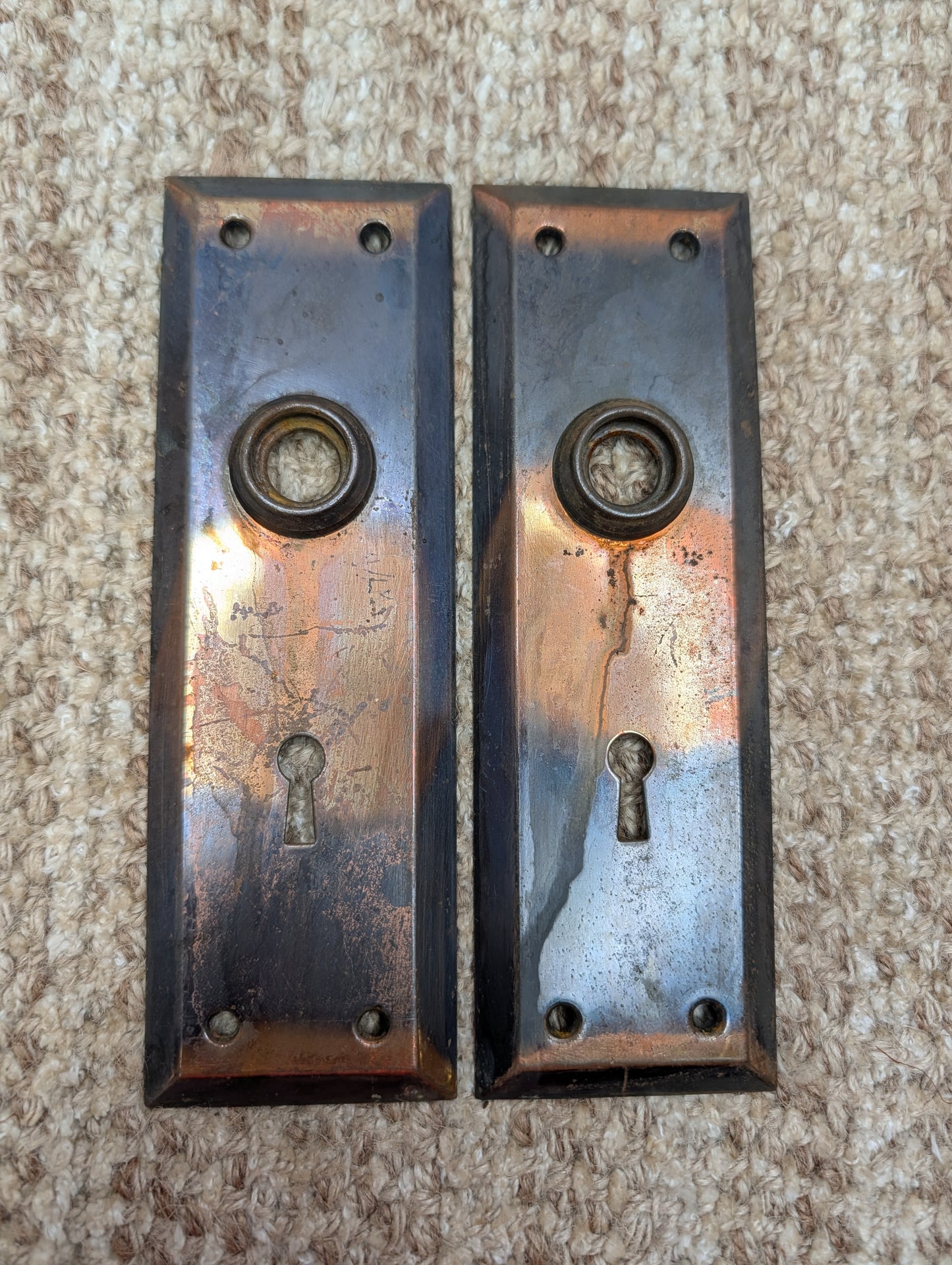 Pair 2 1/4" x 7" Antique Japanned Stamped Steel Door Knob Plates