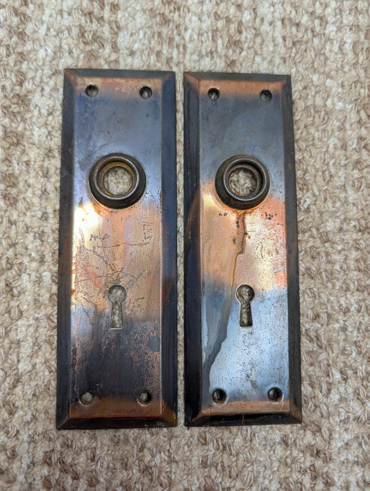 Pair 2 1/4" x 7" Antique Japanned Stamped Steel Door Knob Plates