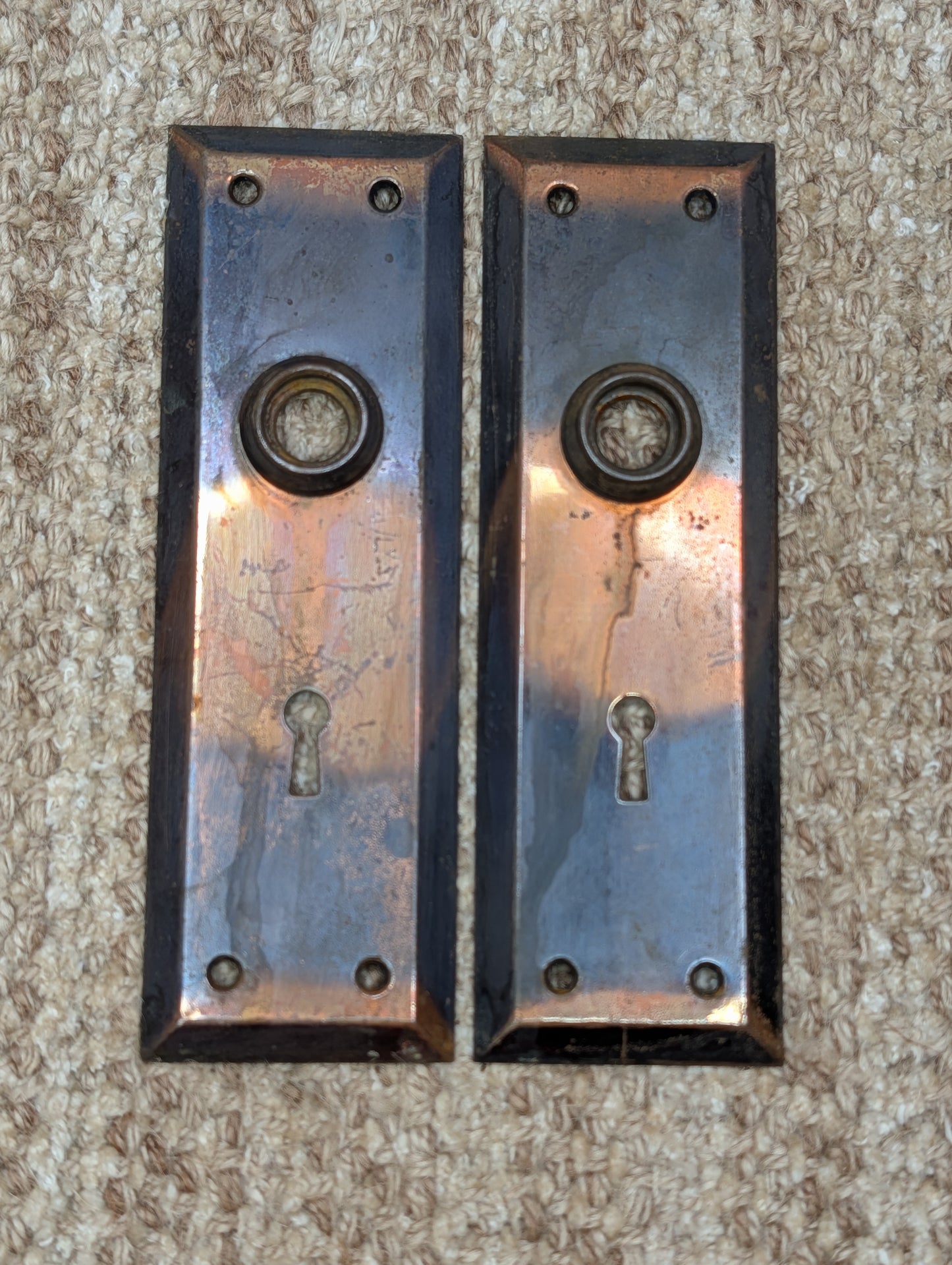 Pair 2 1/4" x 7" Antique Japanned Stamped Steel Door Knob Plates