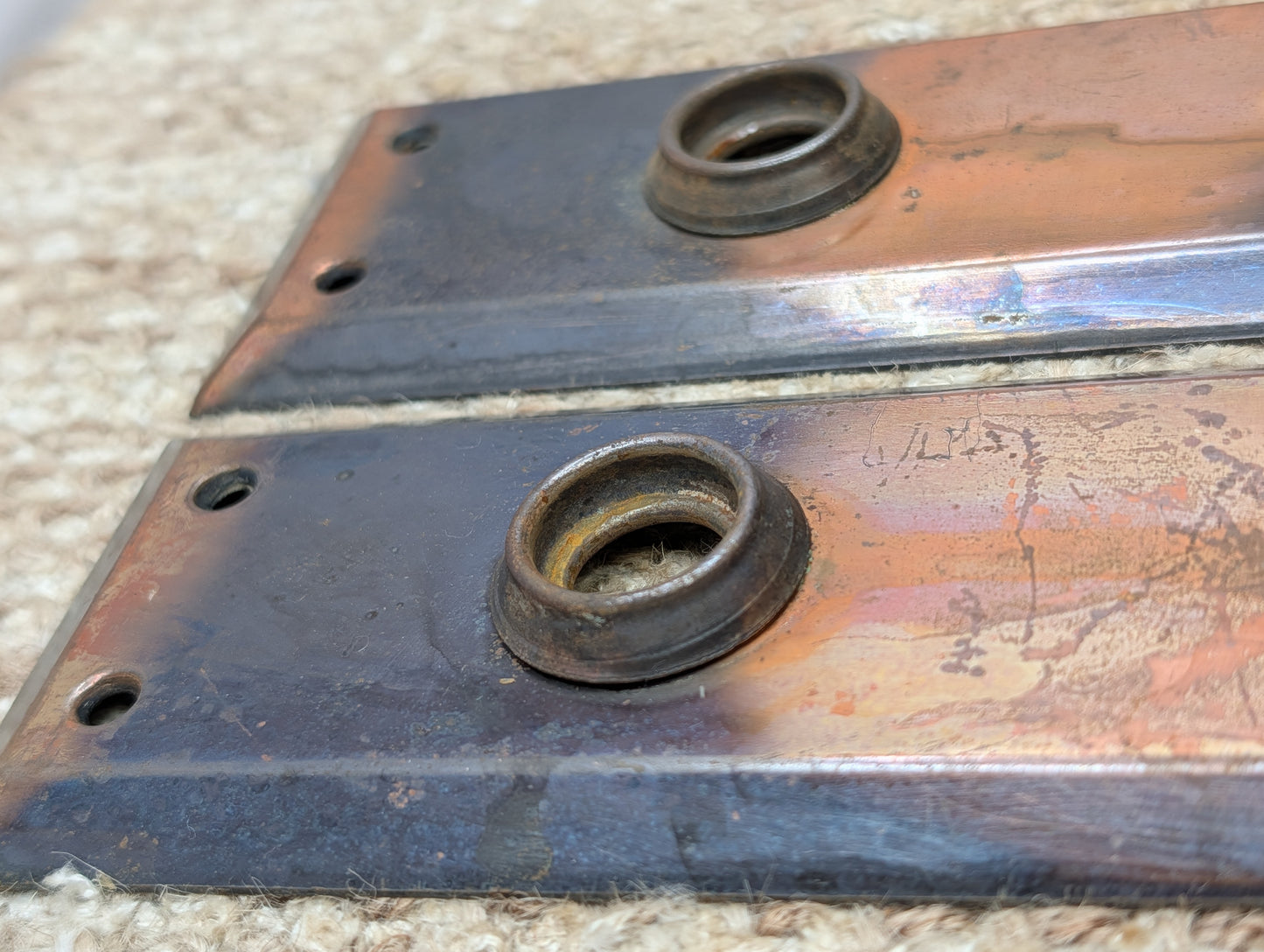 Pair 2 1/4" x 7" Antique Japanned Stamped Steel Door Knob Plates