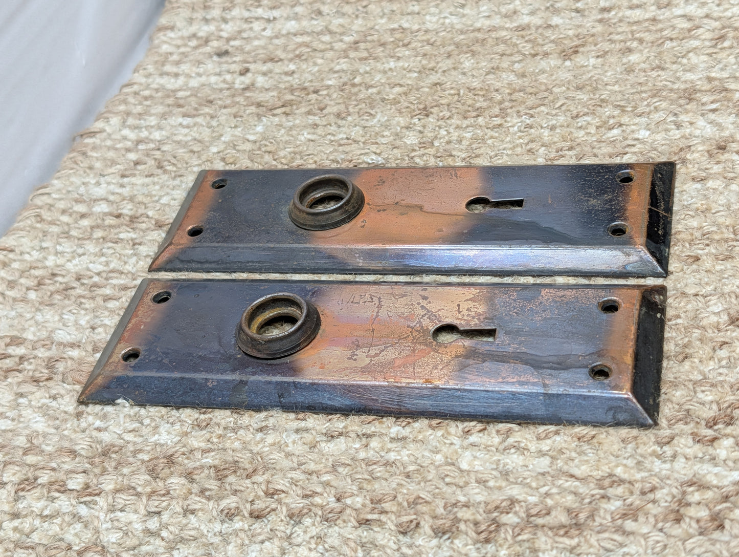 Pair 2 1/4" x 7" Antique Japanned Stamped Steel Door Knob Plates