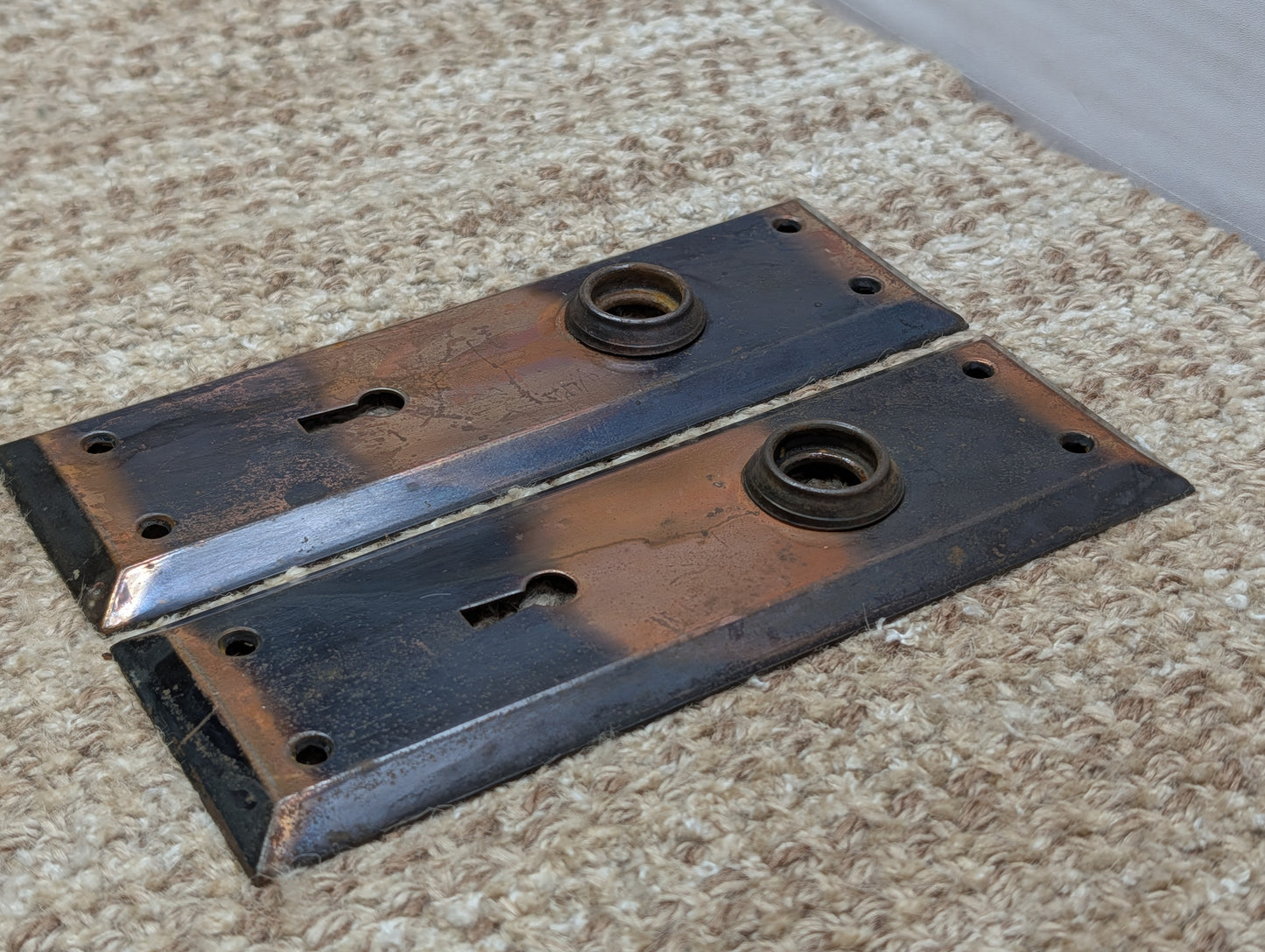 Pair 2 1/4" x 7" Antique Japanned Stamped Steel Door Knob Plates
