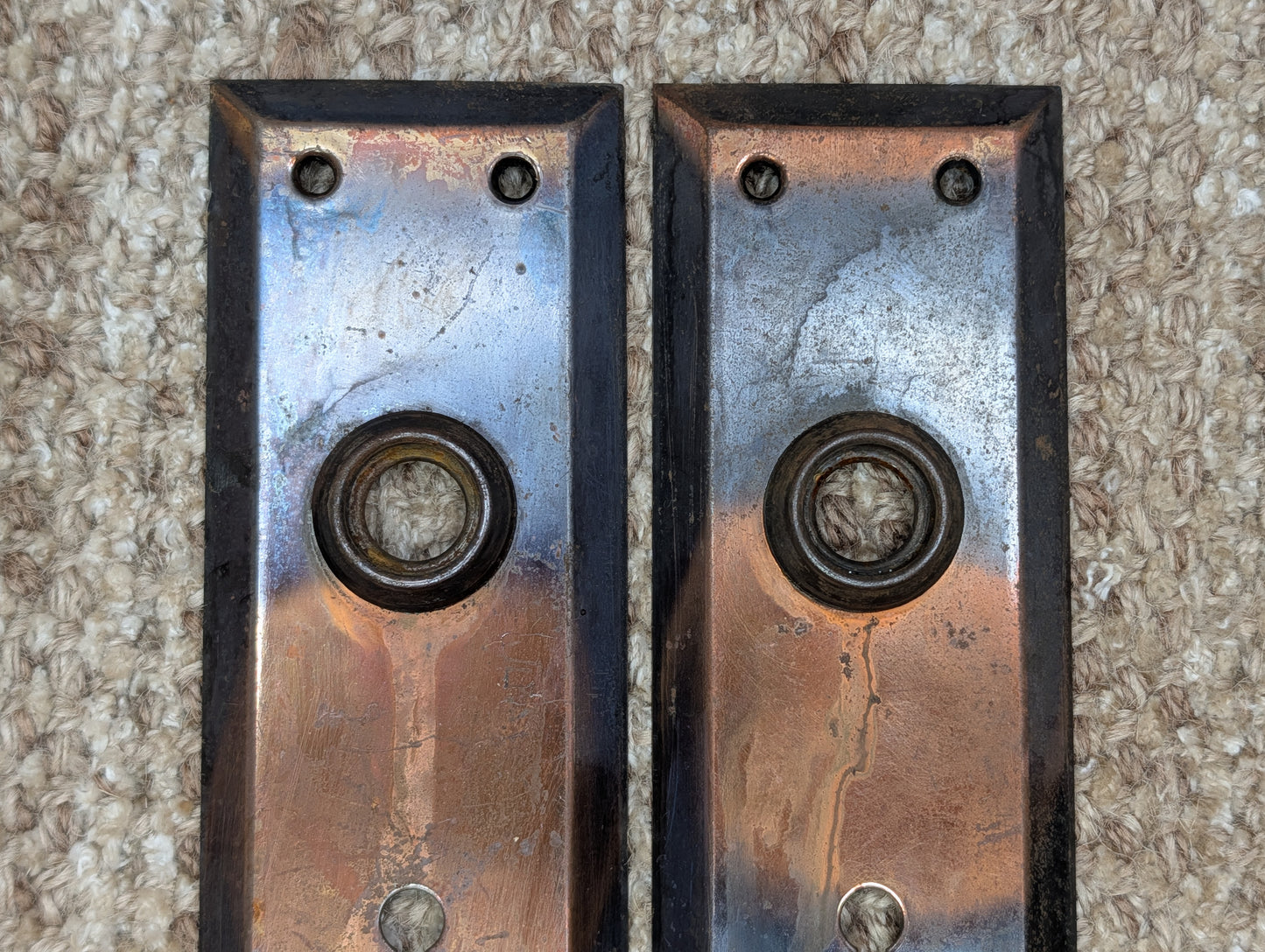 Pair 2 1/4" x 7" Antique Japanned Stamped Steel Door Knob Plates