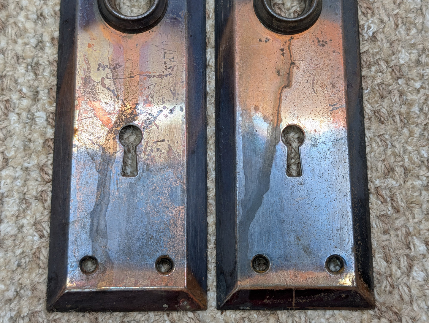 Pair 2 1/4" x 7" Antique Japanned Stamped Steel Door Knob Plates