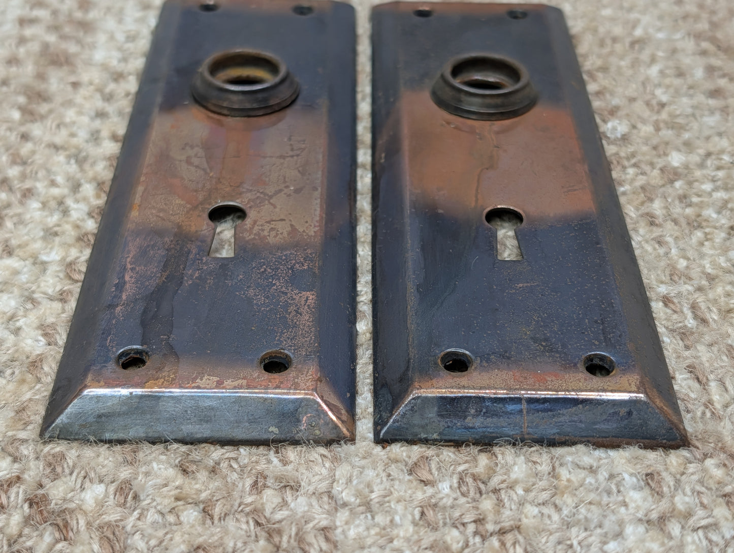 Pair 2 1/4" x 7" Antique Japanned Stamped Steel Door Knob Plates