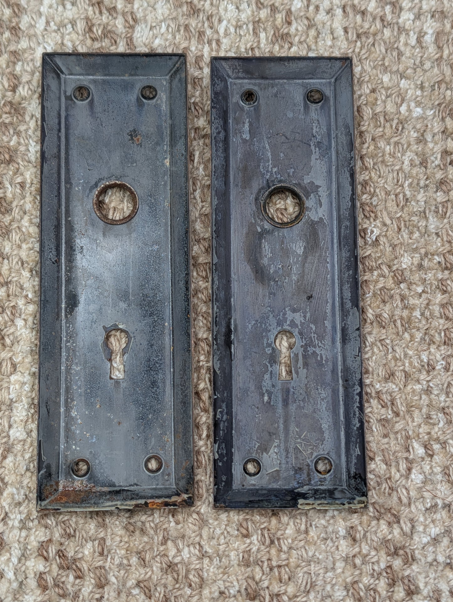 Pair 2 1/4" x 7" Antique Japanned Stamped Steel Door Knob Plates