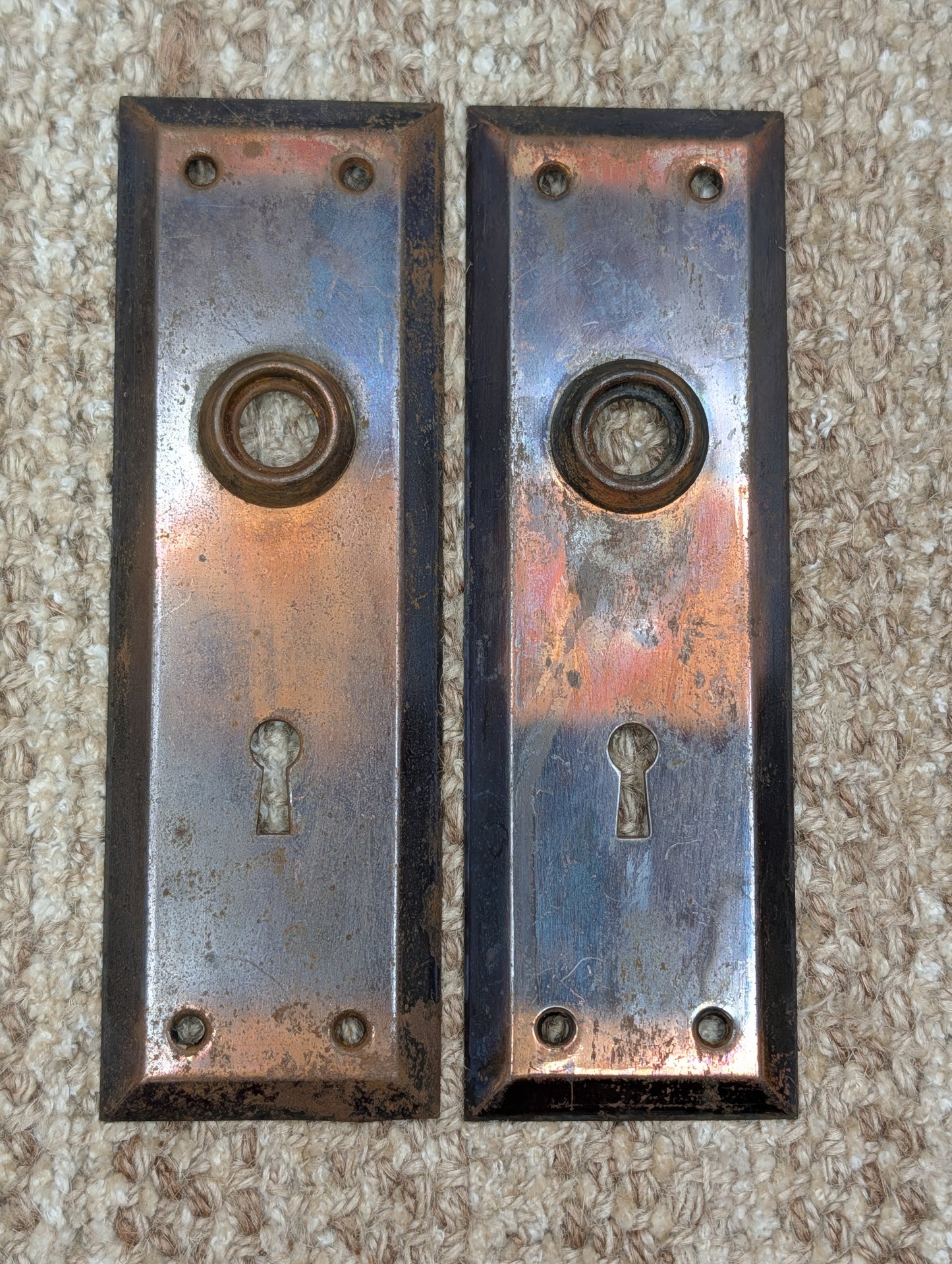 Pair 2 1/4" x 7" Antique Japanned Stamped Steel Door Knob Plates