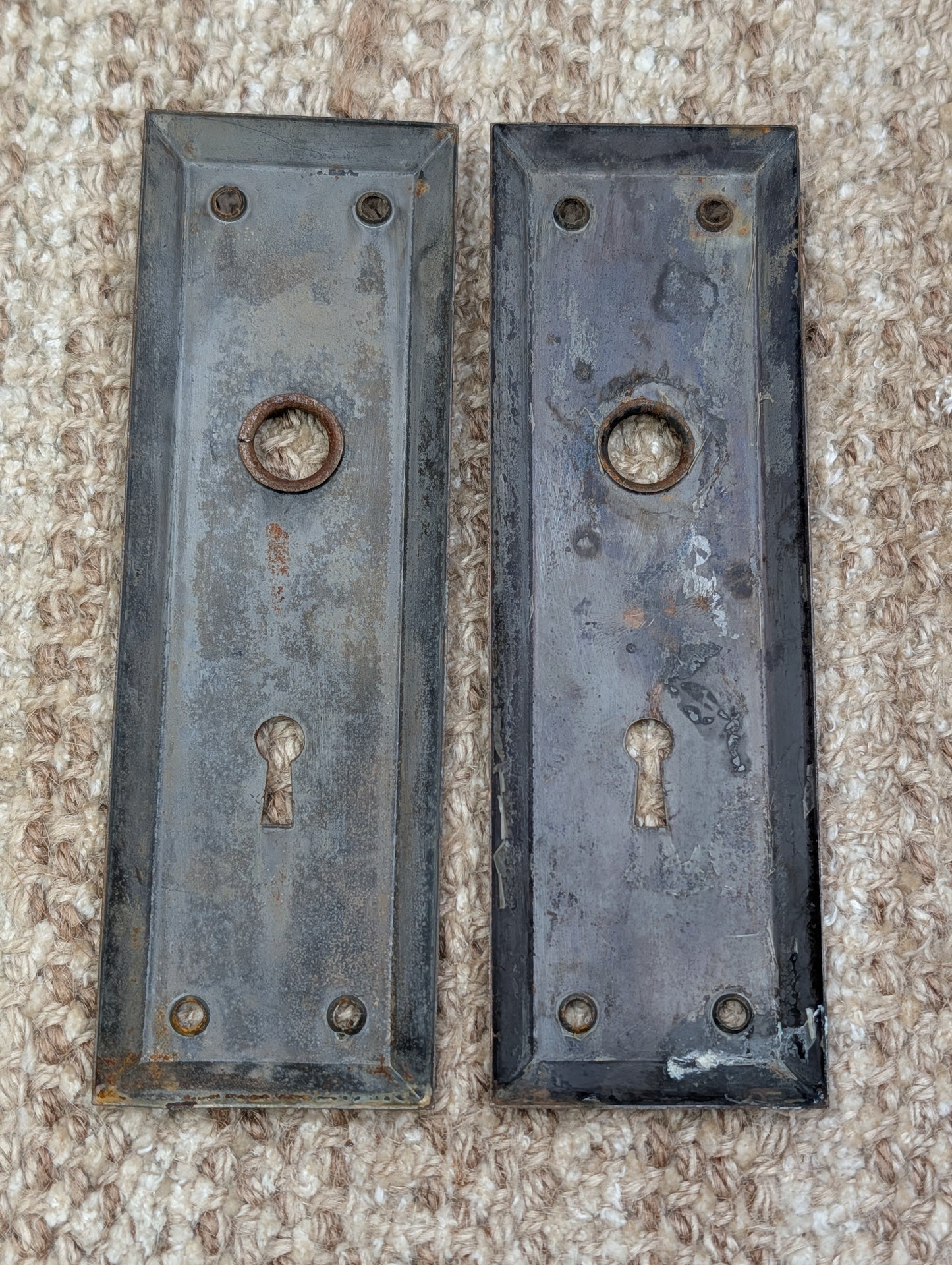 Pair 2 1/4" x 7" Antique Japanned Stamped Steel Door Knob Plates