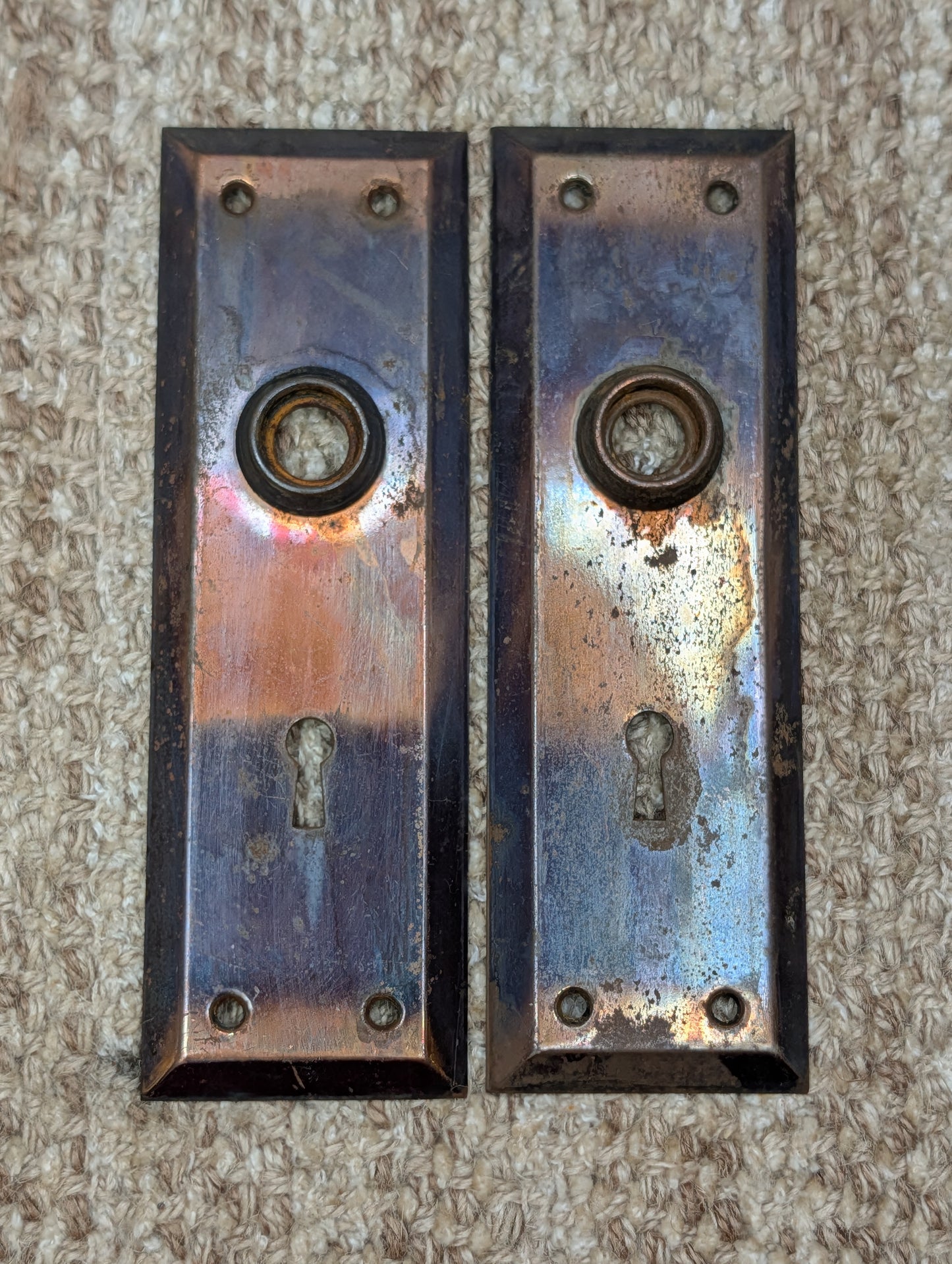 Pair 2 1/4" x 7" Antique Japanned Stamped Steel Door Knob Plates