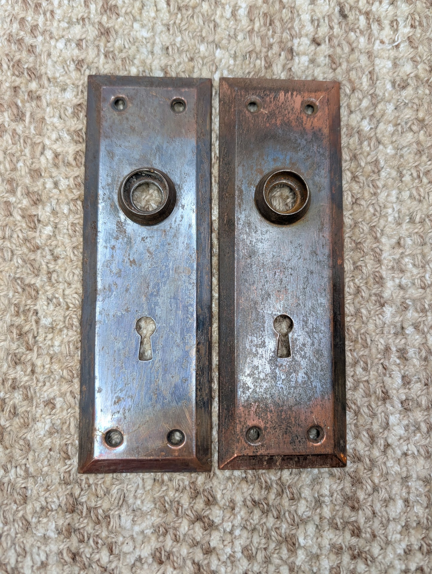 Pair 2 1/4" x 7" Antique Japanned Stamped Steel Door Knob Plates
